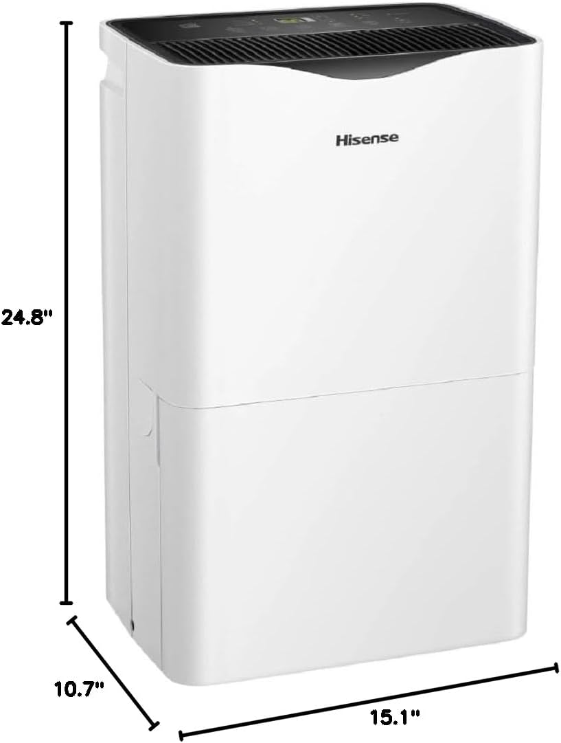 Hisense 50 Pint Dehumidifier 300 sq. ft Slide-out Bucket with Easy-carry Handle, 3 Speeds (Lo, Hi, Auto), Up to 4500 sq ft., Auto shut-off, Quiet 48 dB, 115v, - DH5023KP (Renewed)