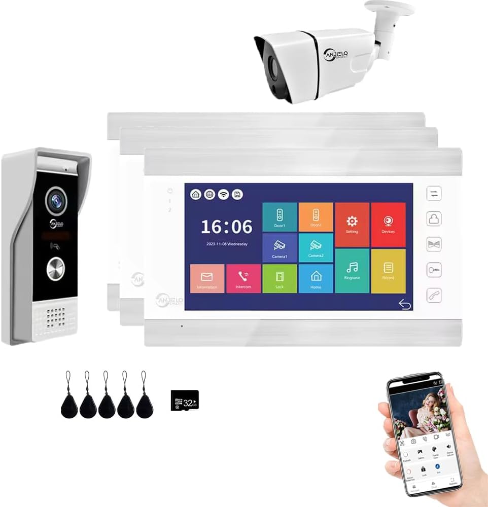 Video Apartment Doorbell Intercom,1080P HD Touch Screen Monitor,Outdoor Camera Doorbell Camera,Ring Doorbell Wired,TUYA,Night Vision,Two-Way Audio,Video Intercom (1 Bell+3 white Monitor + 1C)
