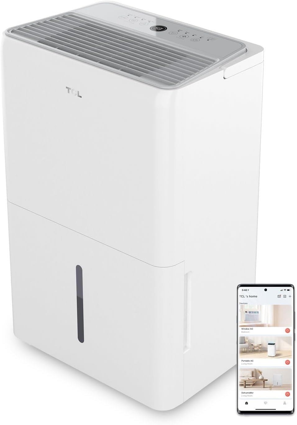 TCL 2000 Sq. Ft. Smart Dehumidifier, Energy Star Most Efficient 2024, Ultra-compact, 25 Pints Per Day, Ideal for Basements, Rooms, and Other Living Spaces, Works with Alexa/Google Assistant – H25D44W