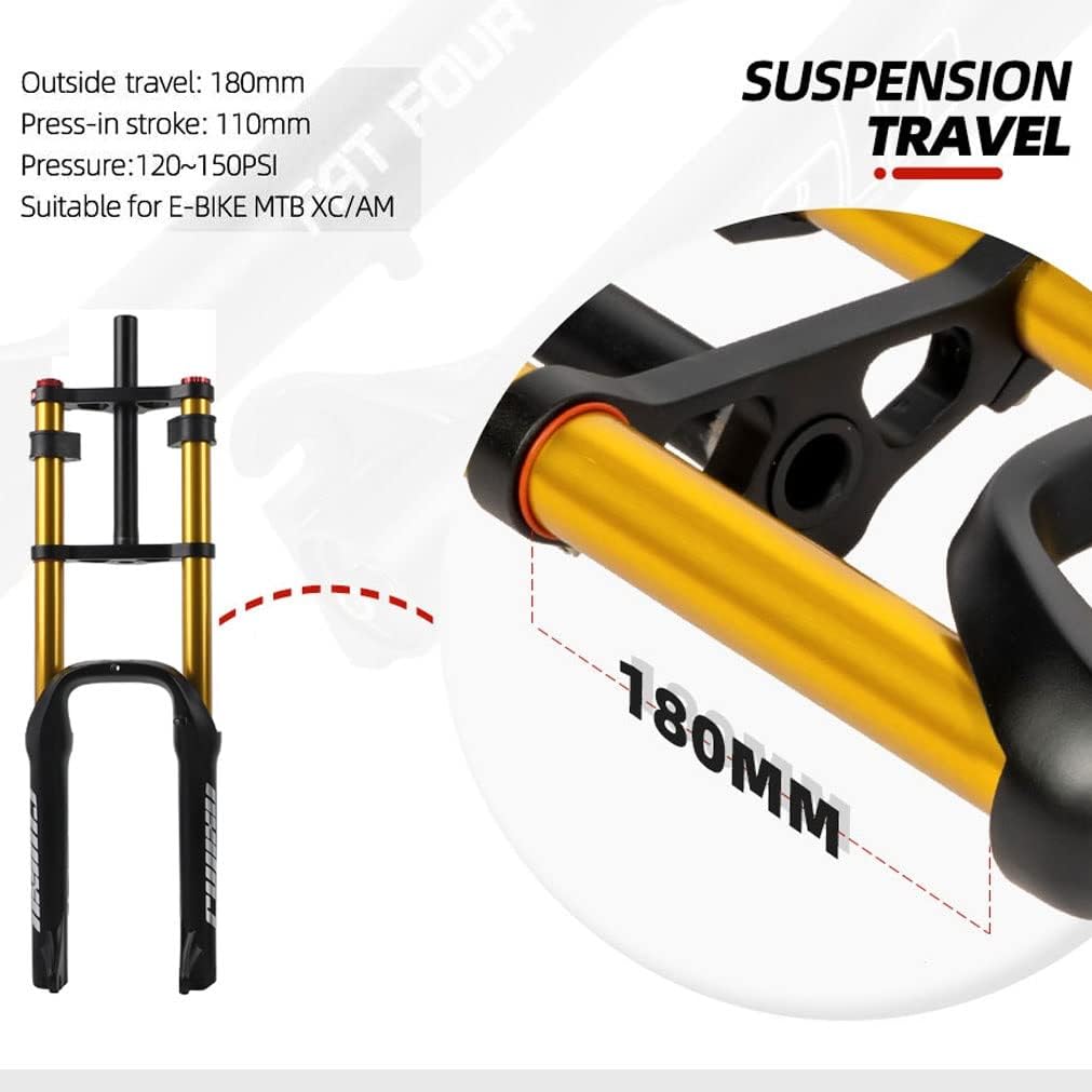 20 Inch Fat Fork 4.0' Tire Disc Brake Travel 140mm MTB Bike Air Suspension Fork 1-1/8' DH Rebound Adjustment QR Electric Bicycle Front Fork 9x135mm