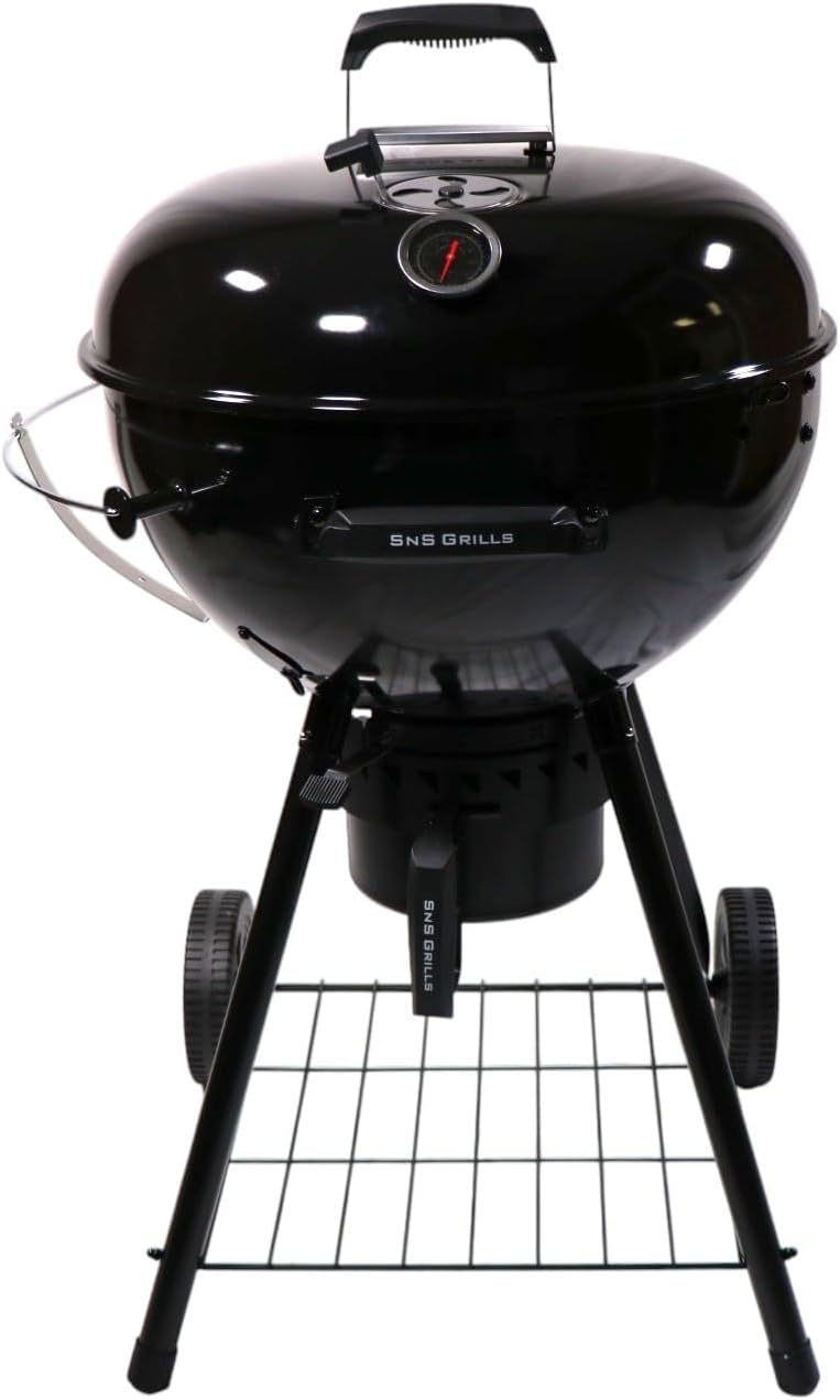 Slow 'N Sear SnS Grills Black Edition 22' Charcoal Kettle Grill, Porcelain Enamel, with Deluxe Insert and EasySpin Grate