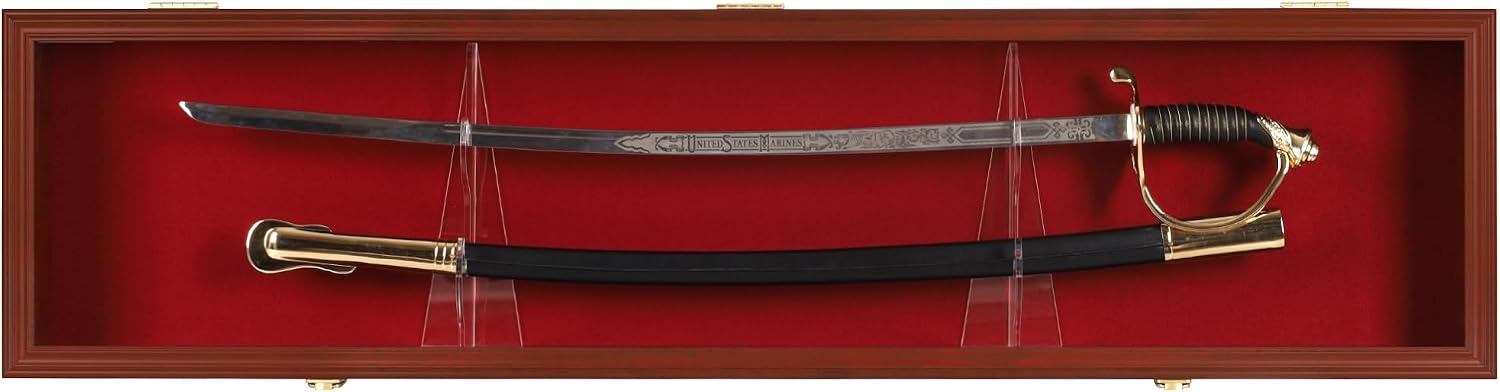 Sword Saber Display Case Cabinet Stand Holder Lightsaber Shadow Box Wall Mount Lockable with 98% UV Protection Red Color Felt (Mahogany Finish)
