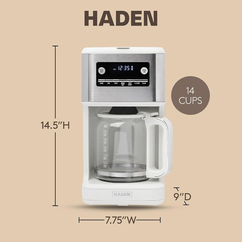 HADEN Generous Brew 14 Cup Coffee Maker with 120 Minute Keep Warm, Delay Brew, Adjustable Strength, Programmable Clock, and Anti Drip, Ivory/Chrome