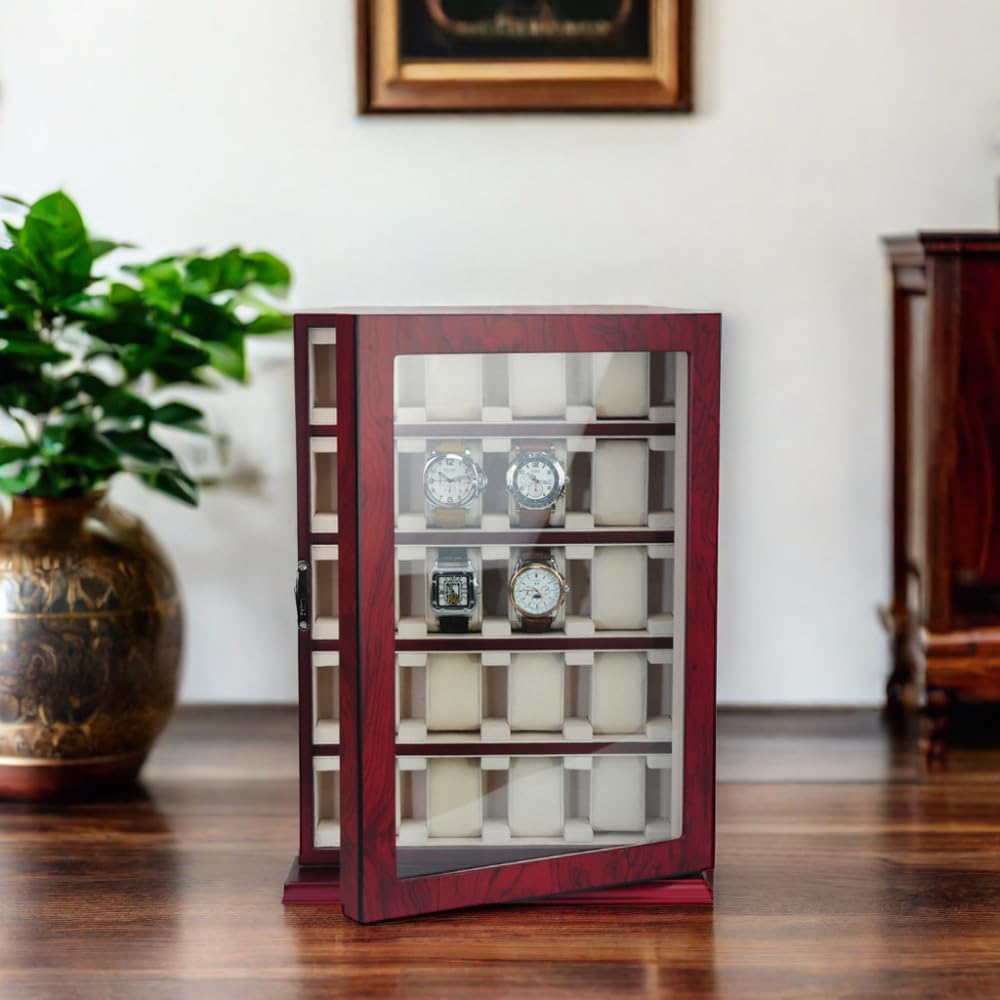 TIMELYBUYS 20 Piece Cherry Wood Watch Display Wall Hanging Case and Storage Organizer Box and Stand for Oversized Watches