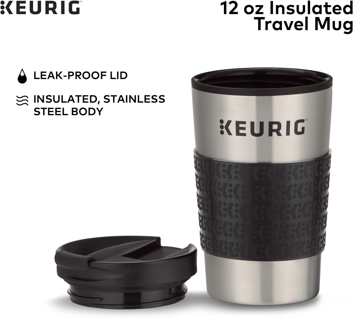 Keurig K-Express Coffee Maker, Single Serve K-Cup Pod Coffee Brewer, Black, 12.8' L x 5.1' W x 12.6' H & Travel Mug Fits K-Cup Pod Coffee Maker, 1 Count (Pack of 1), Stainless Steel