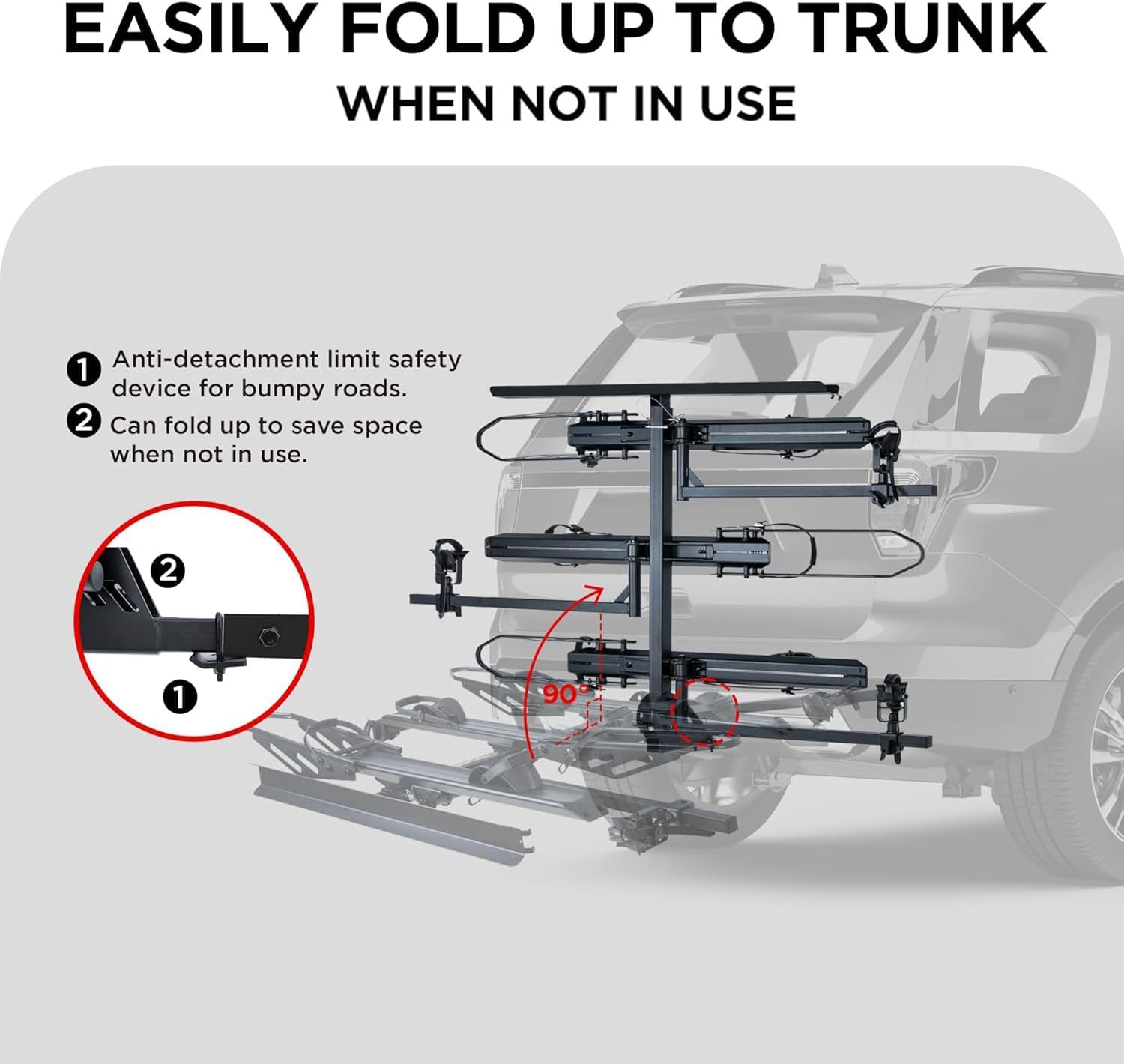 RokRack T One Foldable 3-Ebike Rack with Ramp, 250 lbs Capacity, Hitch Mount Electric Bike Rack, Fits up to 5' Fat Tire Width and 50' Wheelbase, Ebike Carrier Rack for 2' Receiver for Cars SUVs Vans