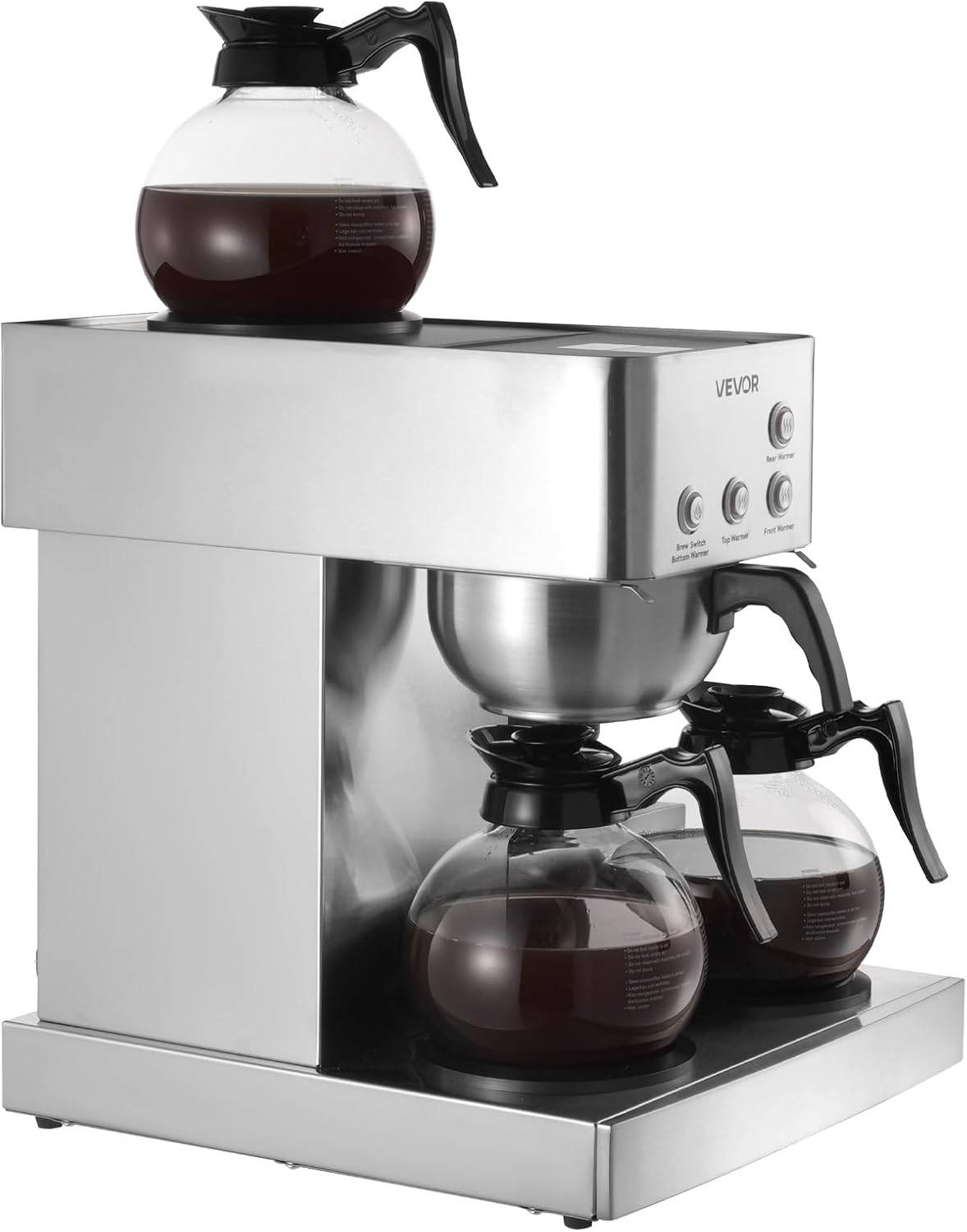 VEVOR Commercial Drip Coffee Maker, 12 Cups Coffee-Maker Machine with 4 Glass Carafes and 4 Decanter Warmer Plates, Stainless Steel Drip Style Coffee Brewer, for Restaurant, Office, Coffee Shop & Home