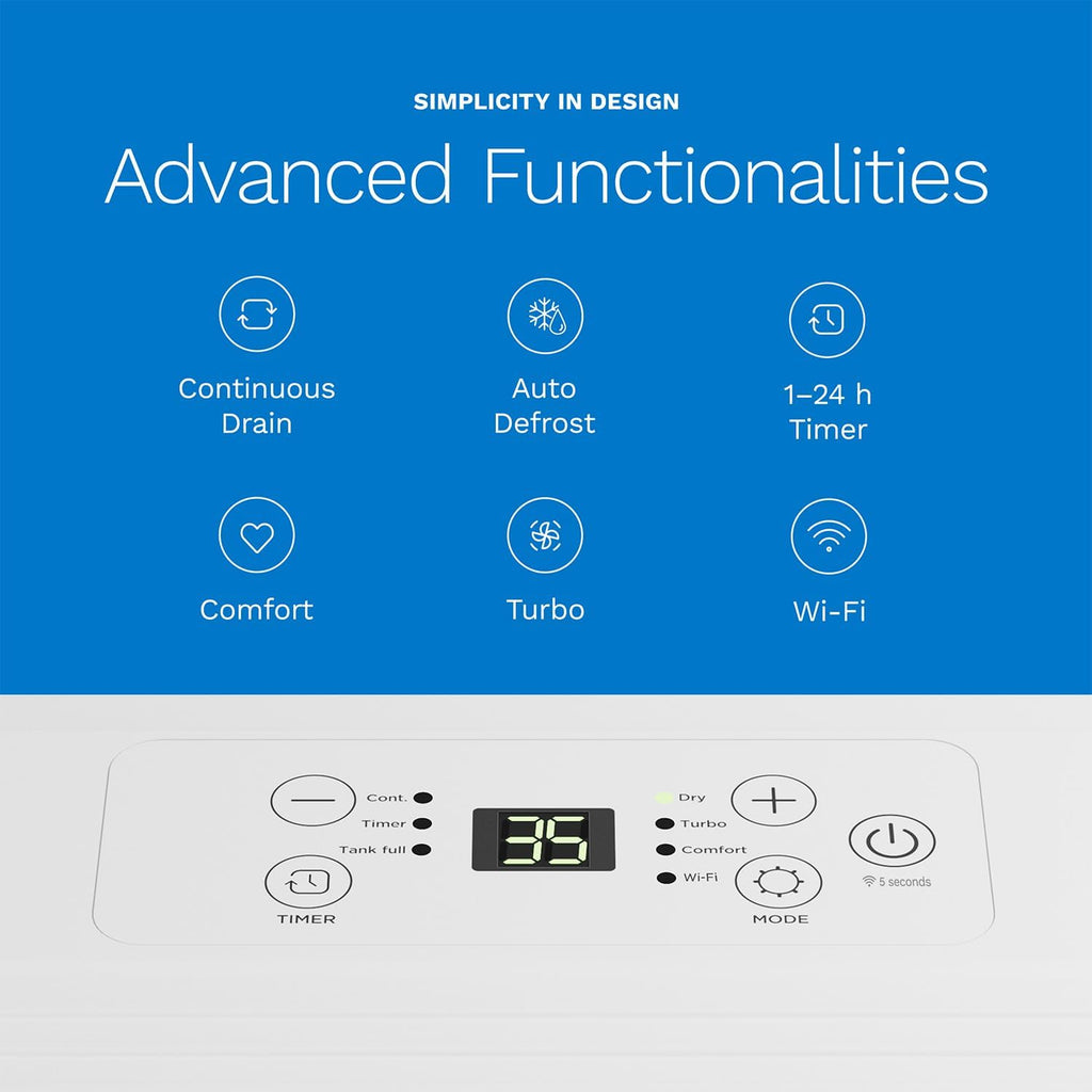 hOmeLabs Dehumidifier 1,800 Sq Ft Wi-Fi (8 Pint MAX 24 Pint at 95°F, 90% RH) for Advanced Humidity & Moisture Control, Quiet, Efficient, Auto Shut-off, Ideal for Home, Basement, Office
