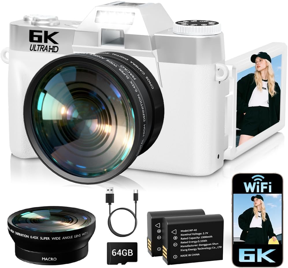 6K Digital Camera for Photography Autofocus, 2026 Upgraded WiFi Vlogging Camera for YouTube with 3' 180° Flip Screen 16X Zoom, 64GB SD Card & 2 Batteries Compact Travel Camera for Beginners Teens