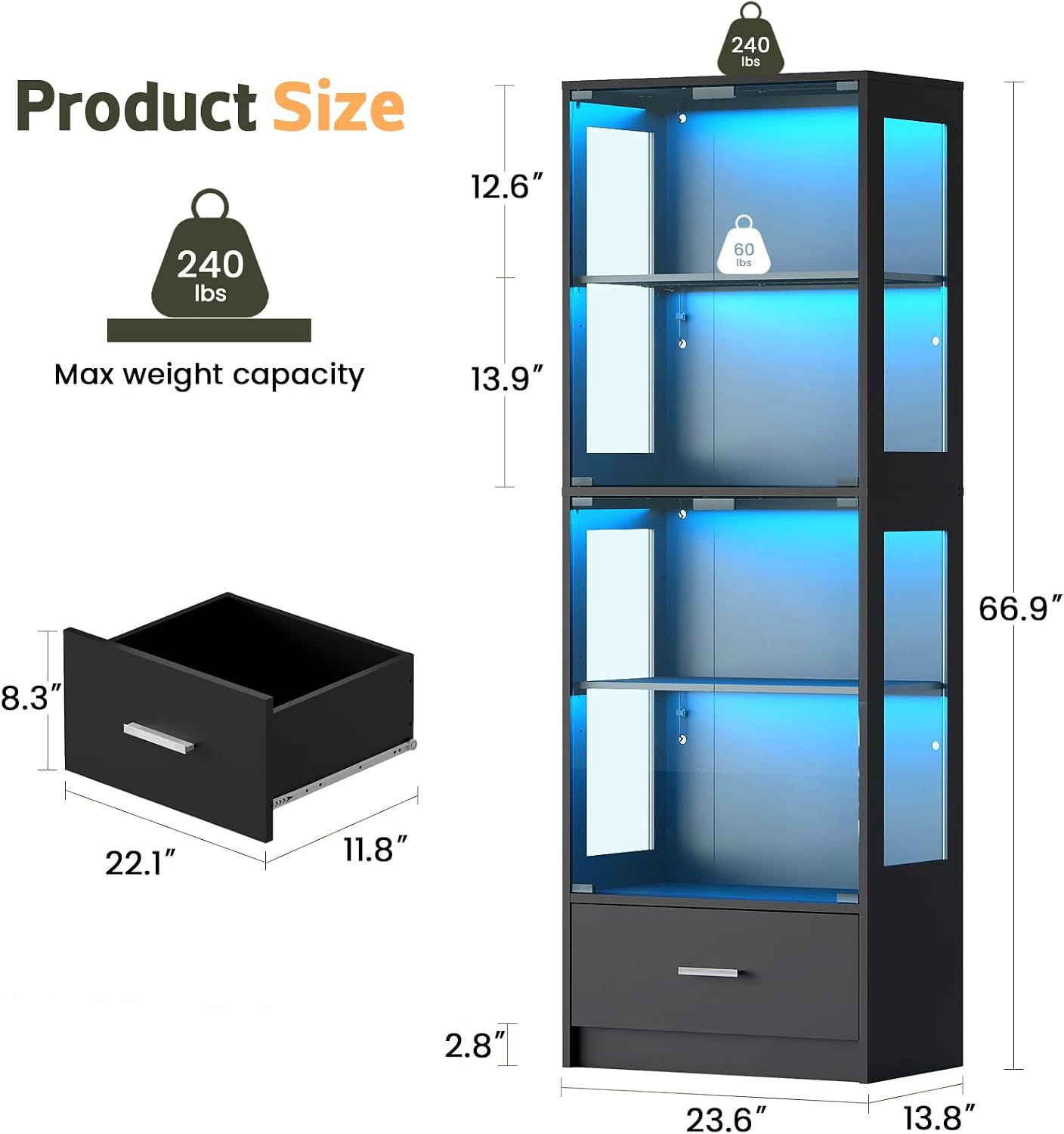 Lamtor Display Cabinet with Glass Doors - 67' Curio Cabinet with RGB LED Lights and Drawer for Collectibles, 4 Tier Glass Display Case for Living Room, Office, Black(Narrow)