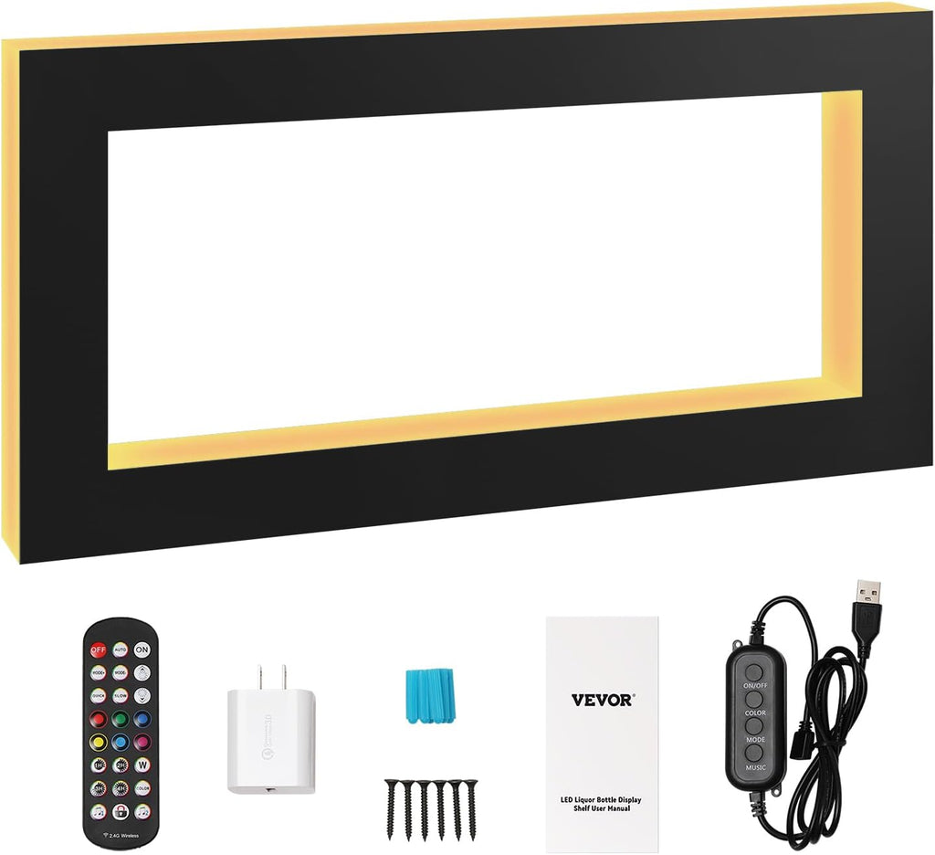 VEVOR LED Lighted Liquor Bottle Display Shelf, Square 48 Inches, Supports USB,Illuminated Home Bar Shelf w/RF Remote & App Control 7 Static Colors 1-4 H Timing, Acrylic Wall-Mounted Shelf