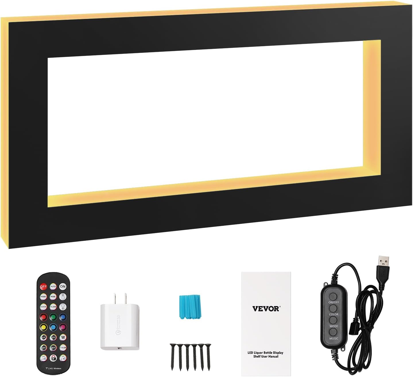 VEVOR LED Lighted Liquor Bottle Display Shelf, Square 48 Inches, Supports USB,Illuminated Home Bar Shelf w/RF Remote & App Control 7 Static Colors 1-4 H Timing, Acrylic Wall-Mounted Shelf
