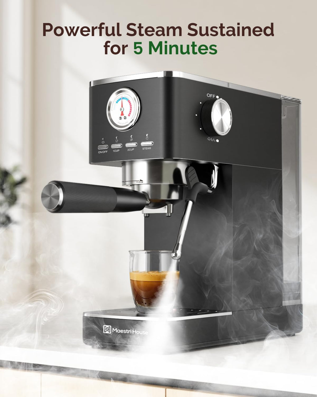 Maestri House Espresso Machines 20 Bar ULKA Pump, Compact Espresso Maker Built-in Flow Meter Steam Milk Frother, 43oz Removable Water Tank Stainless Steel Coffee Machine for Cappuccino (Black)