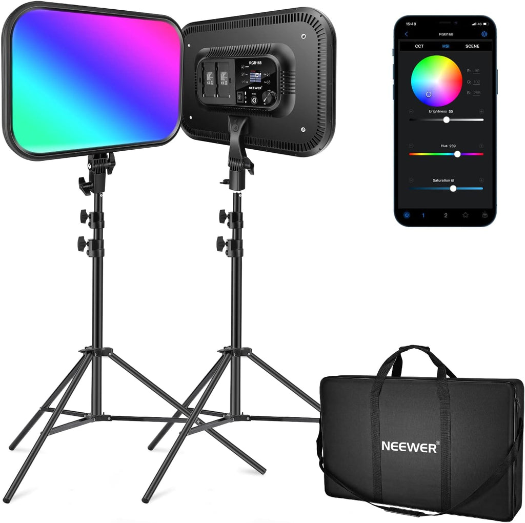 NEEWER RGB168 18.3' RGB LED Video Panel Light with App Control, Bluetooth, 2 Pack Tripod Stand Kit, 60W/360° Full Color/2500-8500K/CRI97+, Studio Photography/YouTube/Game Streaming