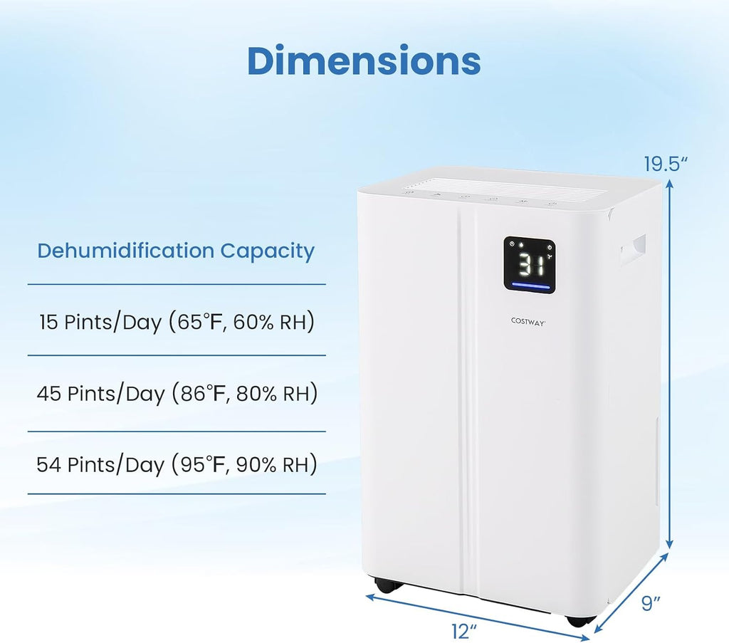 COSTWAY 54 Pints Dehumidifier for Basement, 4500 Sq.Ft Dehumidifier with 3 Modes, 24H Timer, LED Display, 3-Color Indicator Light, Child Lock, Drain Hose & Auto Defrost for Bathroom Bedroom