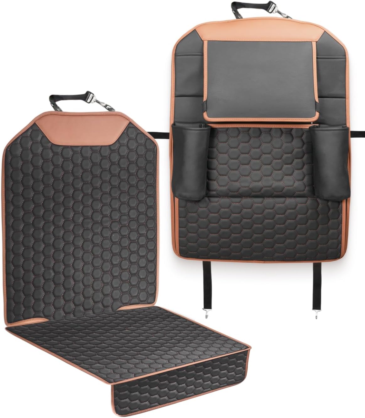Owleys Set Car Seat Organizer Backseat Back Organizers & Seat Protector Kick Mat Back Of Seat Protector Automotive Organizer Seatback Toy Organization For Kids Behind Black Brown Tan