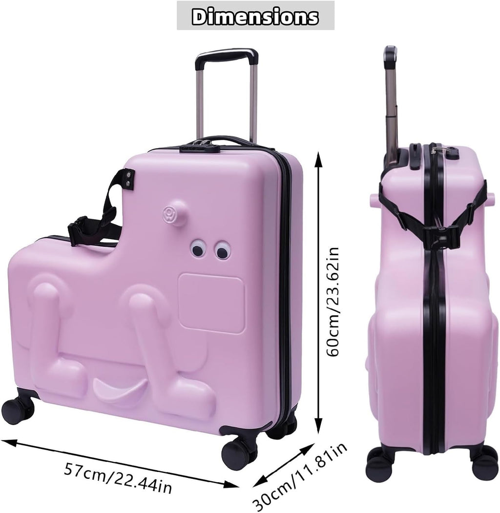 Ride on Kids Luggage, 24' Carry-on Suitcase with Double-row Universal Wheels Portable Rolling Luggage with Password Lock Unisex Riding Suitcase for Ages 4-12, Pink