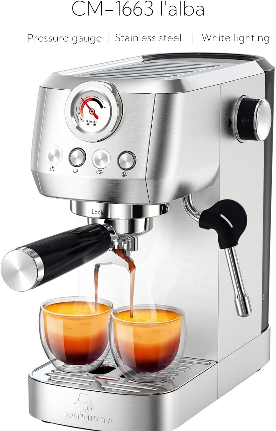 MAttinata CM1663 Espresso Machine, 20 Bar Compact Coffee Maker with Milk Frother Steam Wand for Cappuccino, Latte, Professional Pressure Gauge & 49oz Removable Water Tank for Home，Stainless Steel