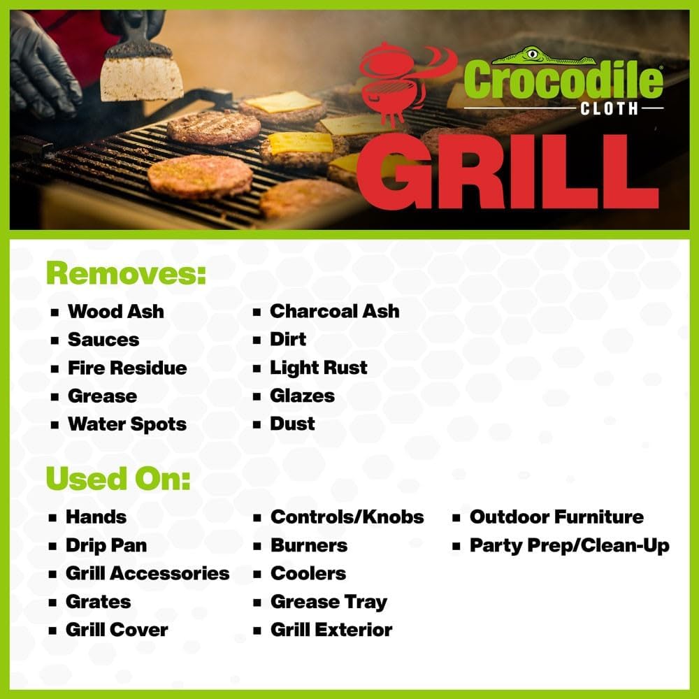 Crocodile Cloth Grill Wipes, 640 Count (8 Packs) – Extra-Large 15' x 10' Plant-Based Cleaning Cloths, Safe on Skin & Surfaces, Pre-Moistened with Aloe & Vitamin E