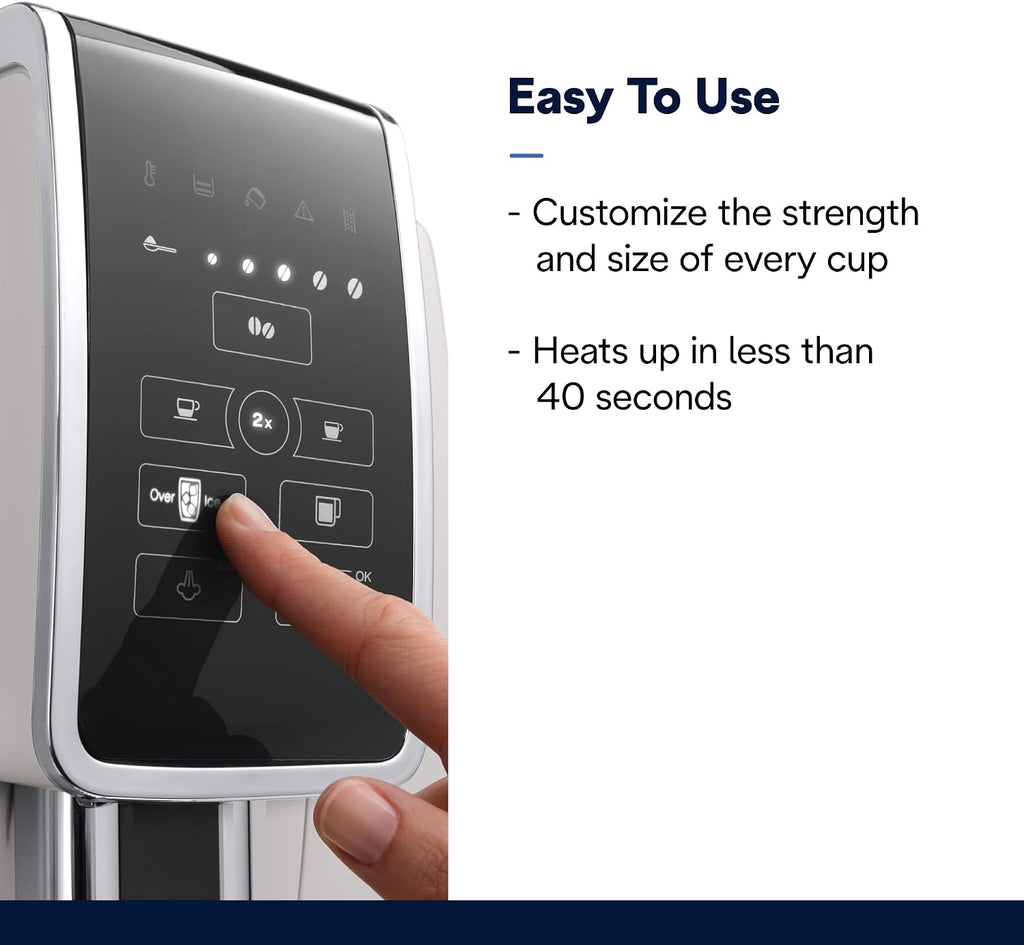 De'Longhi Dinamica Espresso Machine, White - Automatic Bean-to-Cup Brewing, Built-In Steel Burr Grinder & Manual Frother - One-Touch Hot & Iced Coffee - Easy Cleanup
