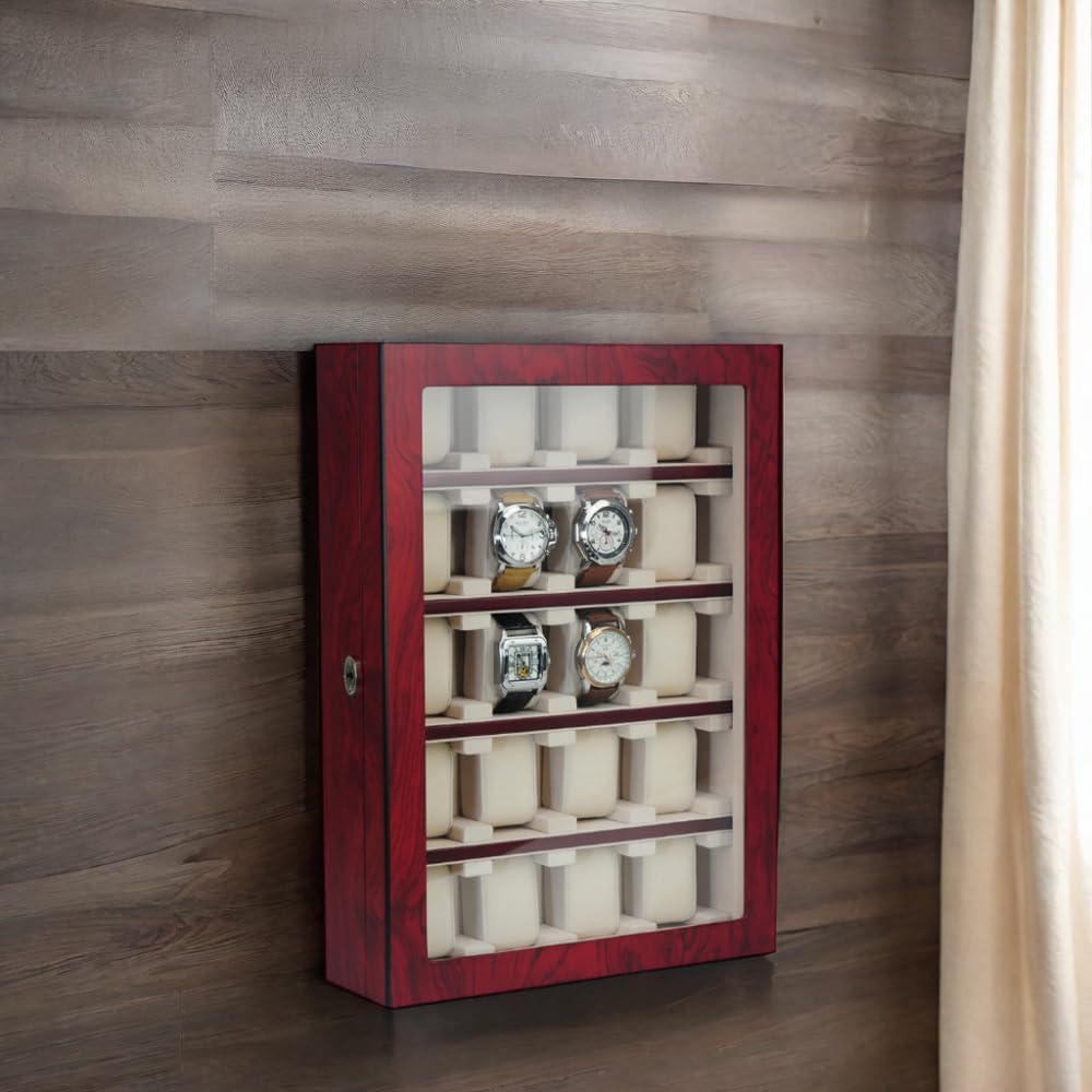 TIMELYBUYS 20 Piece Cherry Wood Watch Display Wall Hanging Case and Storage Organizer Box and Stand for Oversized Watches