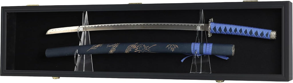 Sword Display Case Cabinet Stand Holder Wall Rack Holds Military Saber or Samurai Sword Lockable UV Protection Door Black Felt Inside (Black Finish Frame)