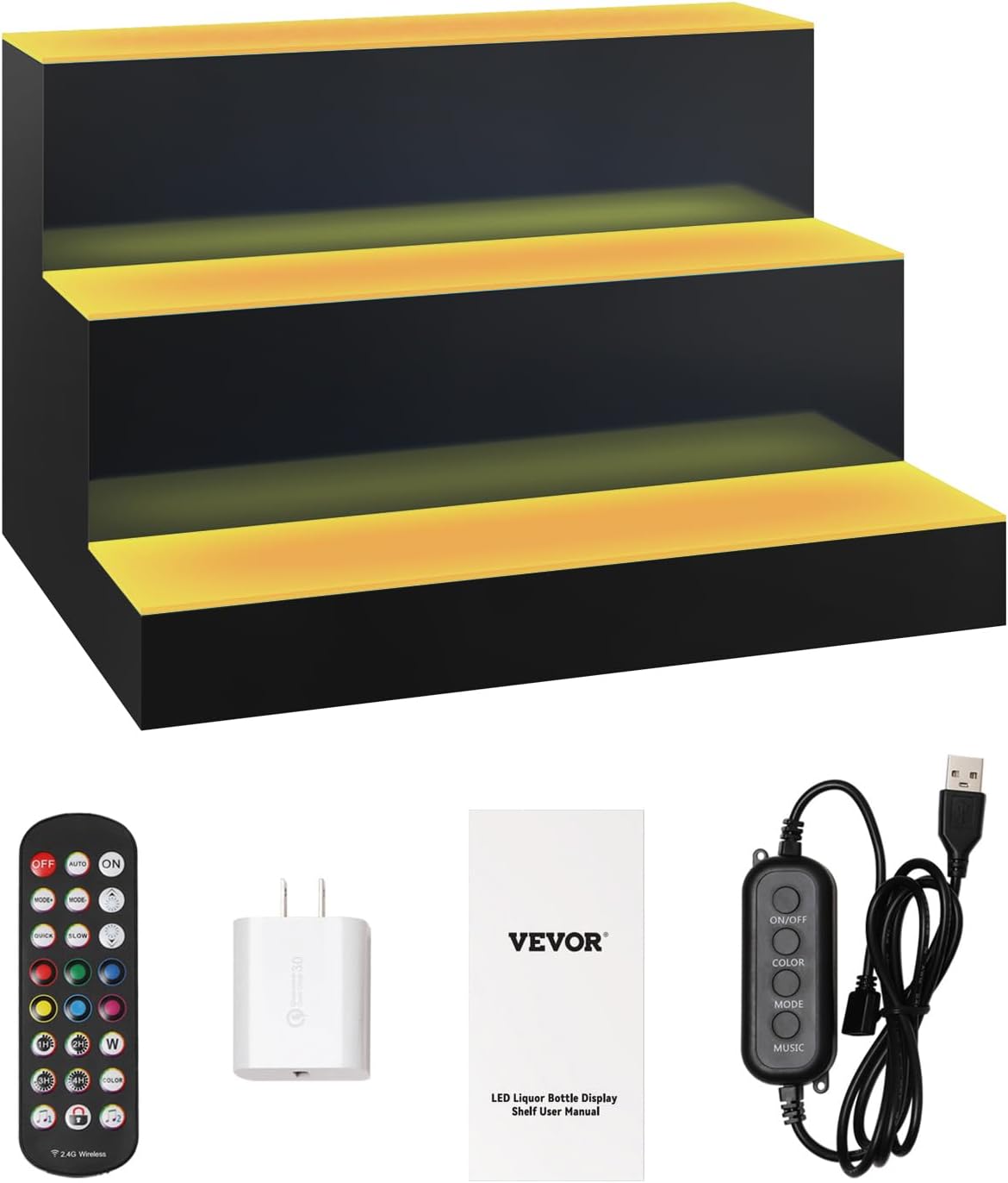 VEVOR LED Lighted Liquor Bottle Display, 3 Tiers 16 Inches, Supports USB, Illuminated Home Bar Shelf with RF Remote & App Control 7 Static Colors 1-4 H Timing, Acrylic Lighted Shelf for 12 Bottles