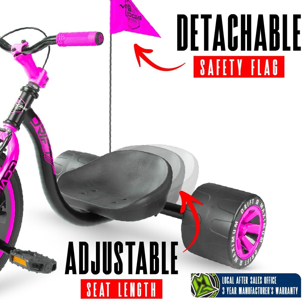 Drift Trike for Kids Ages 5+ – 16' Front Wheel Ride-On with Adjustable Seat, Steel Frame, Rear Slick Drift Wheels & Safety Flag – Madd Gear (Black/Pink)