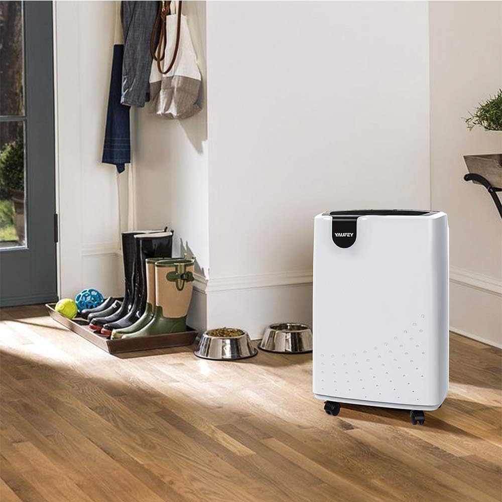Yaufey 2500 Sq. Ft Dehumidifier for Home and Basements with Auto or Manual Drainage, 0.48 Gallon Water Tank Capacity -Low Noise and 24 Hr Timer
