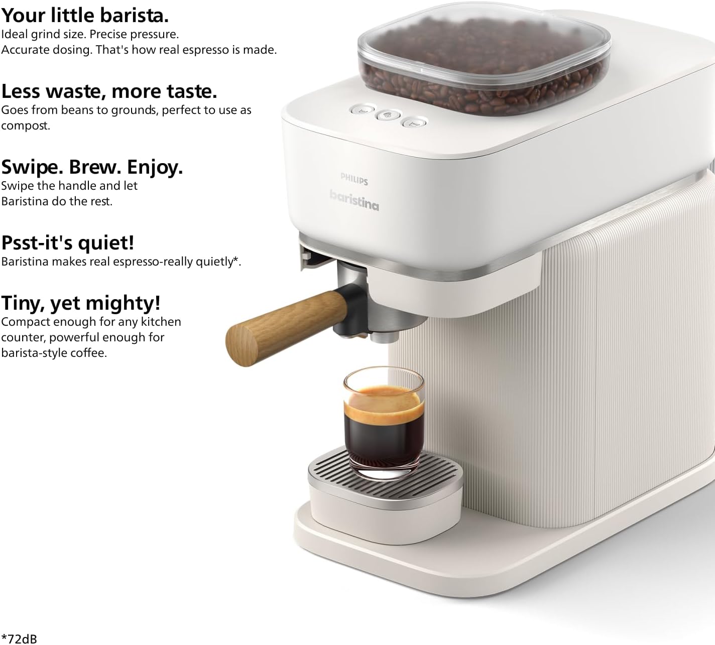 Philips Baristina Espresso Machine, Grind, Tamp & Brew Coffee Beans in One Swipe, Compact, 16 Bar Pump Pressure, Automatic Grinder, Natural White with Ash Wood Portafilter (BAR302/20)