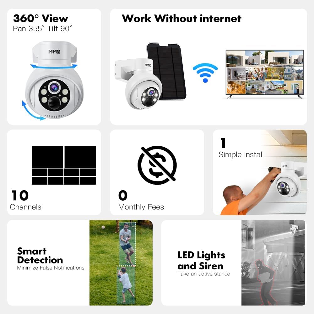 MMQ Solar Security Cameras Outdoor, 4MP PTZ Solar Panel for Security Cameras, Battery Powered Wireless Cameras for Home with 128GB Card, PIR Motion Detection, Color Night Vision, Work with Alexa