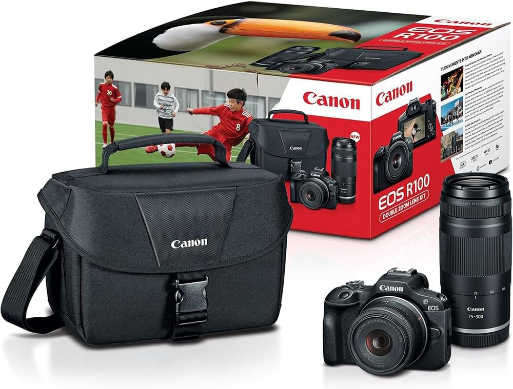 Canon EOS R100 Mirrorless Camera Two Lens Bundle 24.1MP 4K APS-C Beginner Camera Kit with RF-S 18-45mm + RF 75-300mm Lenses, 64GB Memory Card & Photo Editing Software