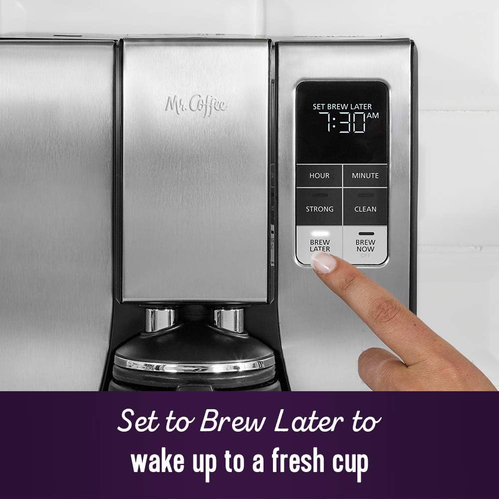 Mr. Coffee 10-Cup Programmable Coffee Maker, Insulated Thermal Carafe, Brew Strength Selection, Brew Now or Later, Stainless Steel