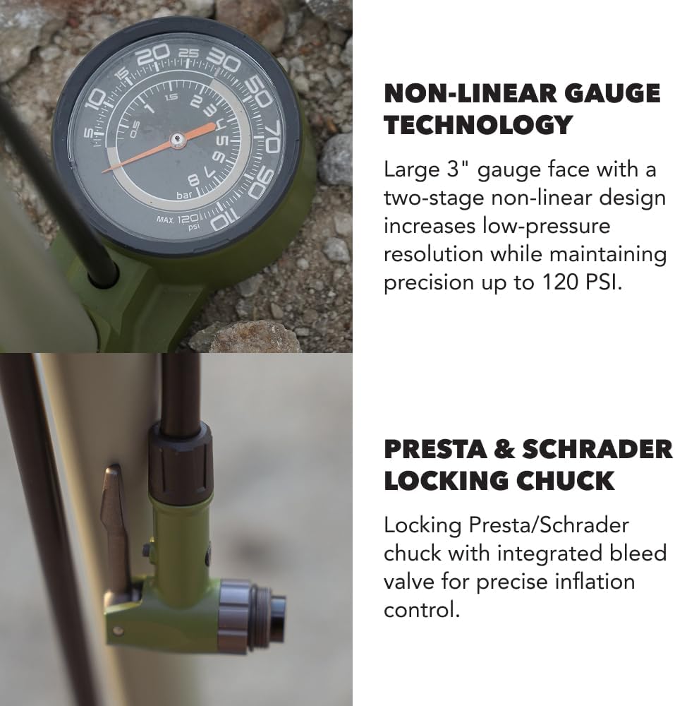 SILCA Terra Bike Floor Pump with Gauge – High Pressure Bicycle Pump for Presta & Schrader Valves – Gravel, Road & Tubeless Bike Tire Pump – Non-Linear 2-Stage Gauge, All-Metal Construction – 120 PSI