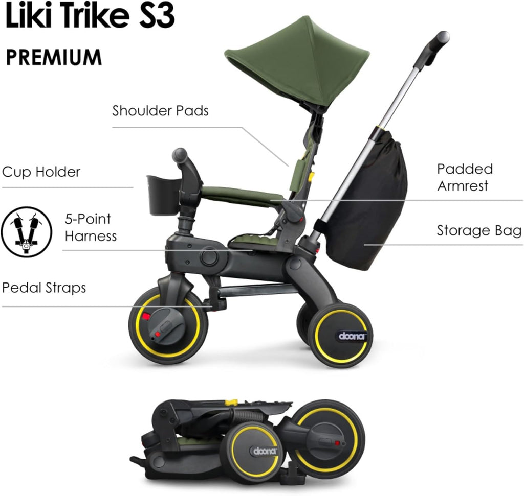 Doona Liki Trike S3, Desert Green - 5-in-1 Compact, Foldable Tricycle - Suitable for Toddlers 10 to 36 Months