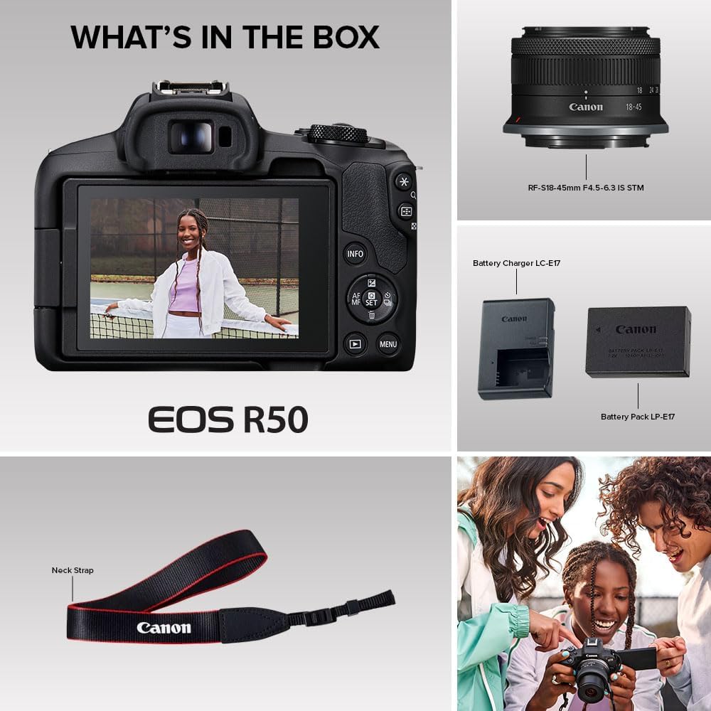 Canon EOS R50 Mirrorless Camera RF-S18-45mm F4.5-6.3 is STM Lens Kit, 24.2 Megapixel CMOS (APS-C) Sensor, 4K Video, Vlogging, Content Creation, Photography, Digital Camera, Black