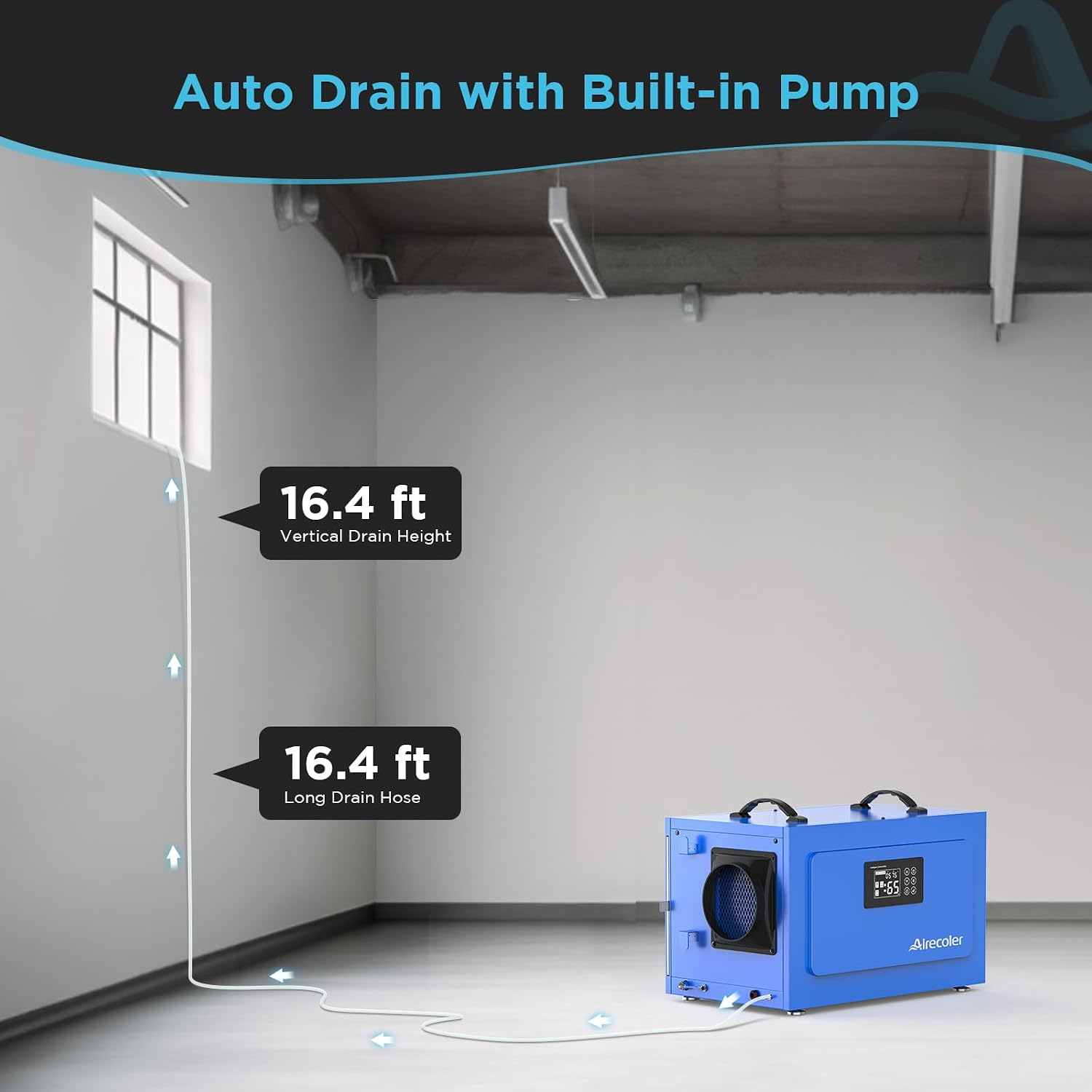 170 Pints Commercial Dehumidifier with Pump for Crawl Spaces & Basements with Drain Hose, Water Damage Restoration Dehumidifier Ideal for up to 7,500 sq ft Industrial and Job Sites