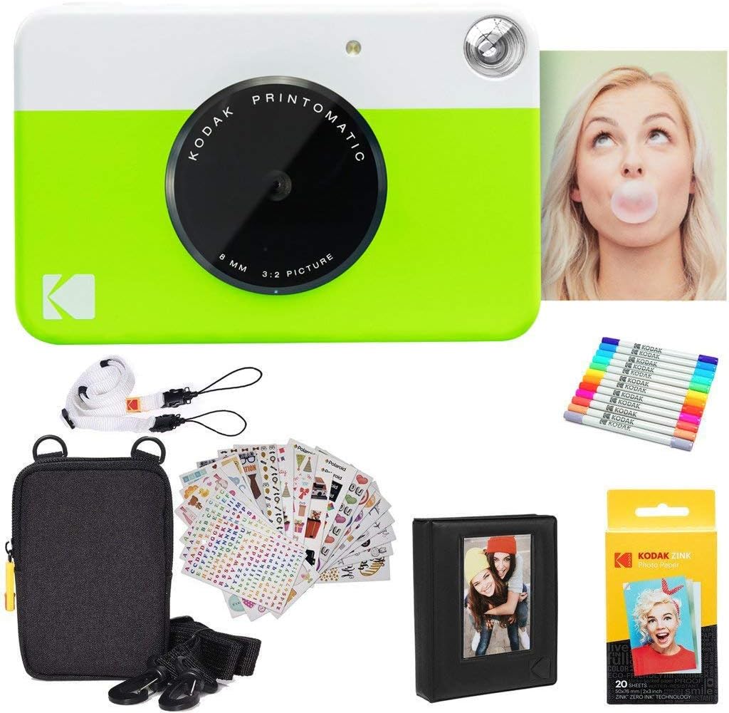 KODAK Printomatic Full-Color Instant Print Digital Camera Colorful Photos On Zink 2x3' Sticky-Back Photo Paper 5MP Gift Bundle: Case + Zink 2x3' 20pk + Album + Stickers + Frames + Markers - Green