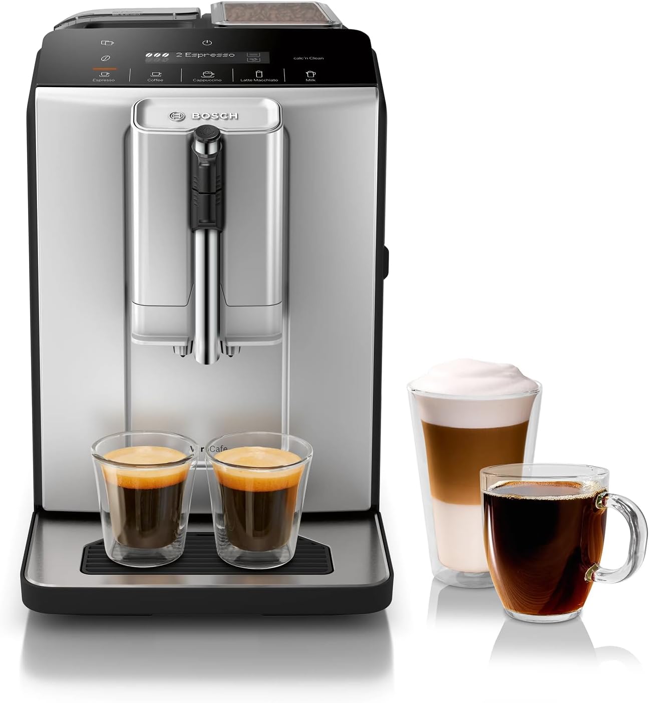 Bosch Fully Automatic Coffee and Espresso Machine - One-Touch Drinks, Barista Style, Double Cup Super Coffee Maker - Large Bean Capacity - Easy Clean, Maintenance - Silver- TIU20307