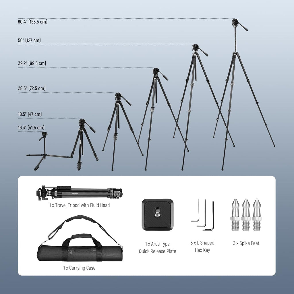 NEEWER 60.4' Travel Tripod Carbon Fiber with Detachable Damped Fluid Head, Lightweight Video Camera Stand with Metal Quick Flip Buckle, Arca Type QR Plate Compatible with PD, LT37
