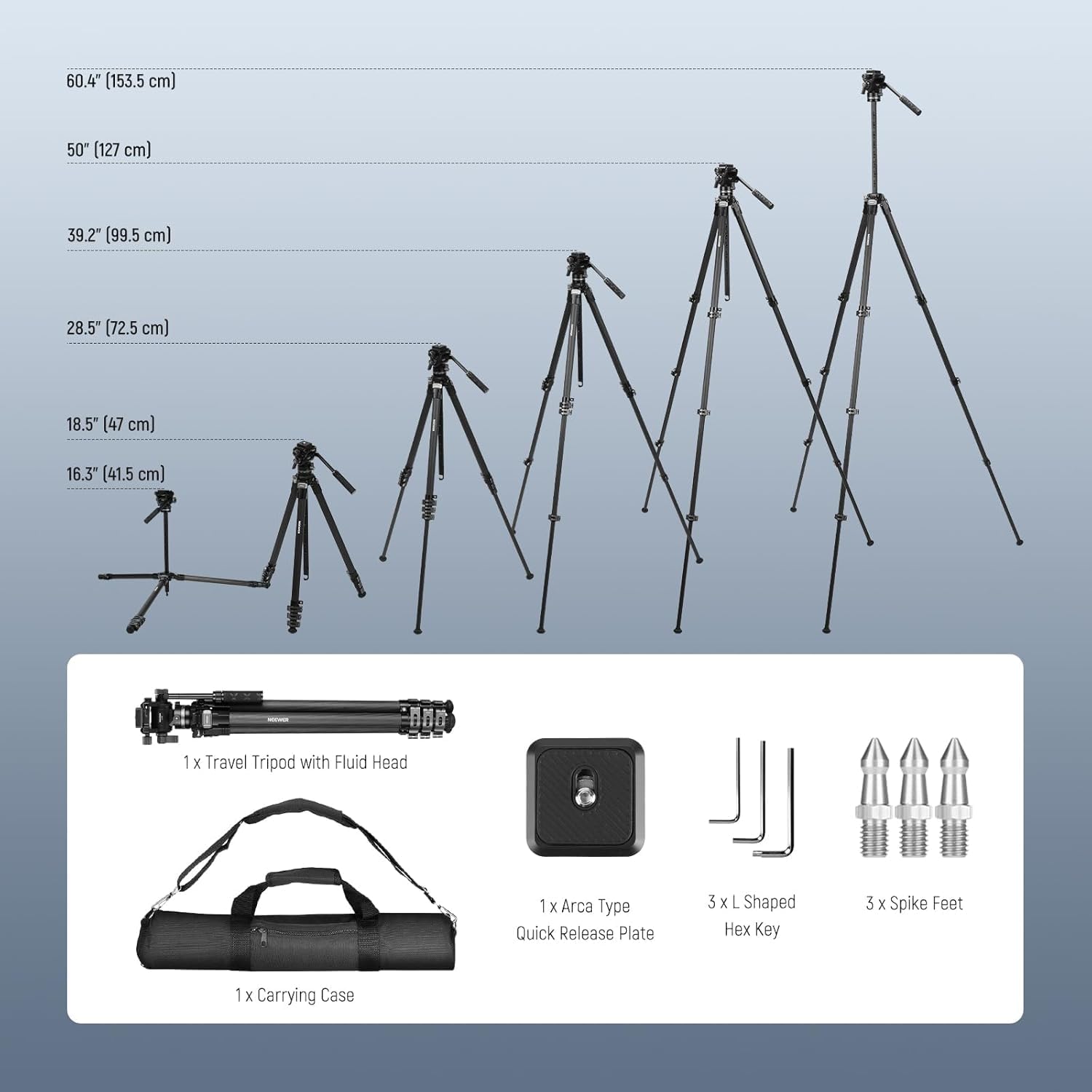 NEEWER 60.4' Travel Tripod Carbon Fiber with Detachable Damped Fluid Head, Lightweight Video Camera Stand with Metal Quick Flip Buckle, Arca Type QR Plate Compatible with PD, LT37