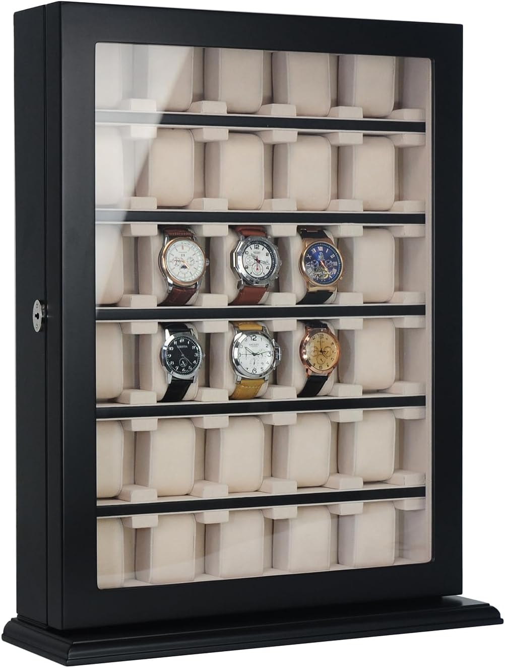 TIMELYBUYS 30 Piece Black Wood Watch Display Wall Hanging Case and Storage Organizer Box and Stand for Oversized Watches