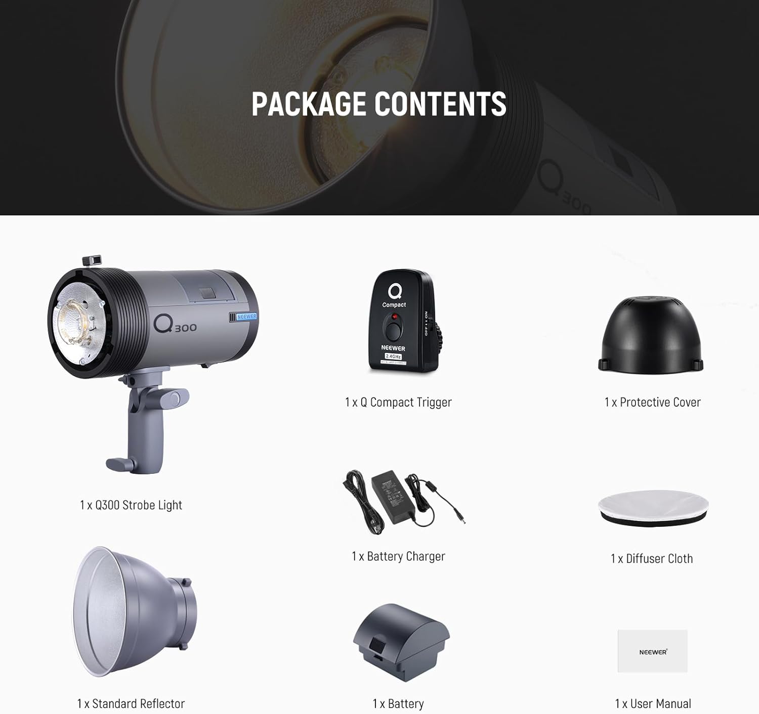NEEWER Q300 300Ws 2.4G Outdoor Studio Flash with Q Compact Wireless Trigger, 7800mAh Li ion Battery Powered Strobe Light Photography Cordless Monolight with 1000 Full Power Flash 0.4-2.5s Recycle
