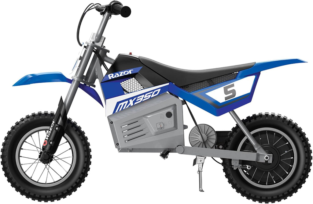 Razor MX350 Dirt Rocket Electric Bike for Kids Ages 8+, 140 lb Max Weight, Blue – 24V Battery, Up to 14 Mph, 30-Min Ride Time on High Speed, Twist-Grip Throttle, Spoked Wheels w/ 12' Pneumatic Tires