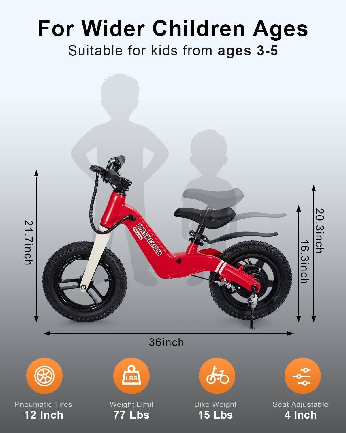 GROWNEER Electric Balance Bike for Kids, 12/14 Inch Tires, Ages 3-6, Lightweight Magnesium Alloy Frame, 3 Speed Settings(3.1/6.2/9.3 MPH), Light-up Front Tire & Adjustable Seat, Toddler Electric Bike