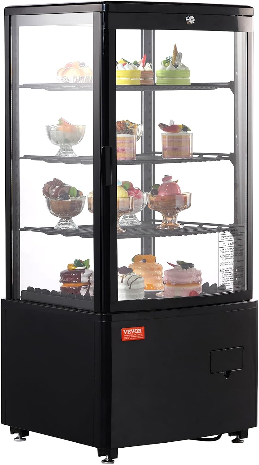 VEVOR XC-78L(1R) Cake Refrigerated 3 Cu.Ft./85L Countertop Pastry, Commercial Display Case with LED Lighting, TURBO, Frost-Free Air-Cooling, Locked Door for Bakery, 18.8 x 16.9 x 38 in, Black