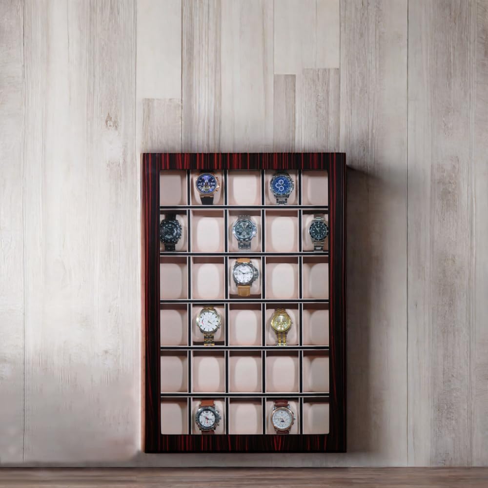 TIMELYBUYS 30 Piece Ebony Wood Watch Display Wall Hanging Case and Storage Organizer Box and Stand Father's Day Gift