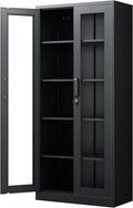 PEUKC Display Cabinet with Glass Doors, 71 Inches Metal Display Case with 4 Adjustable Shelves, Curio Storage Cabinet with Lock for Home, Office, Book, Pantry, Assemble Required (Black)