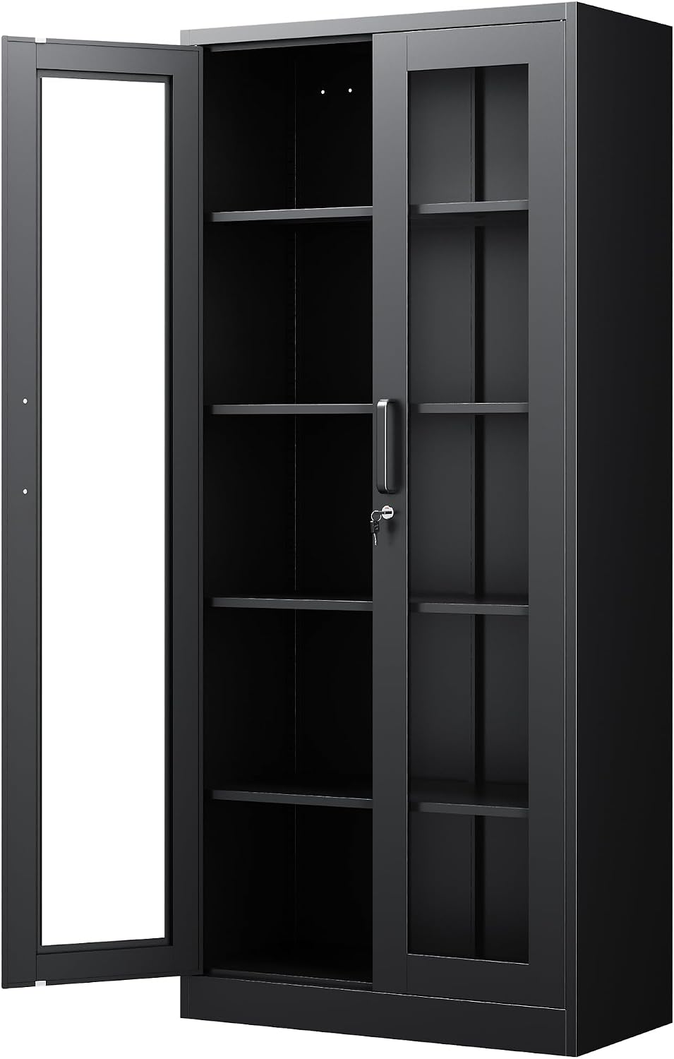 PEUKC Display Cabinet with Glass Doors, 71 Inches Metal Display Case with 4 Adjustable Shelves, Curio Storage Cabinet with Lock for Home, Office, Book, Pantry, Assemble Required (Black)
