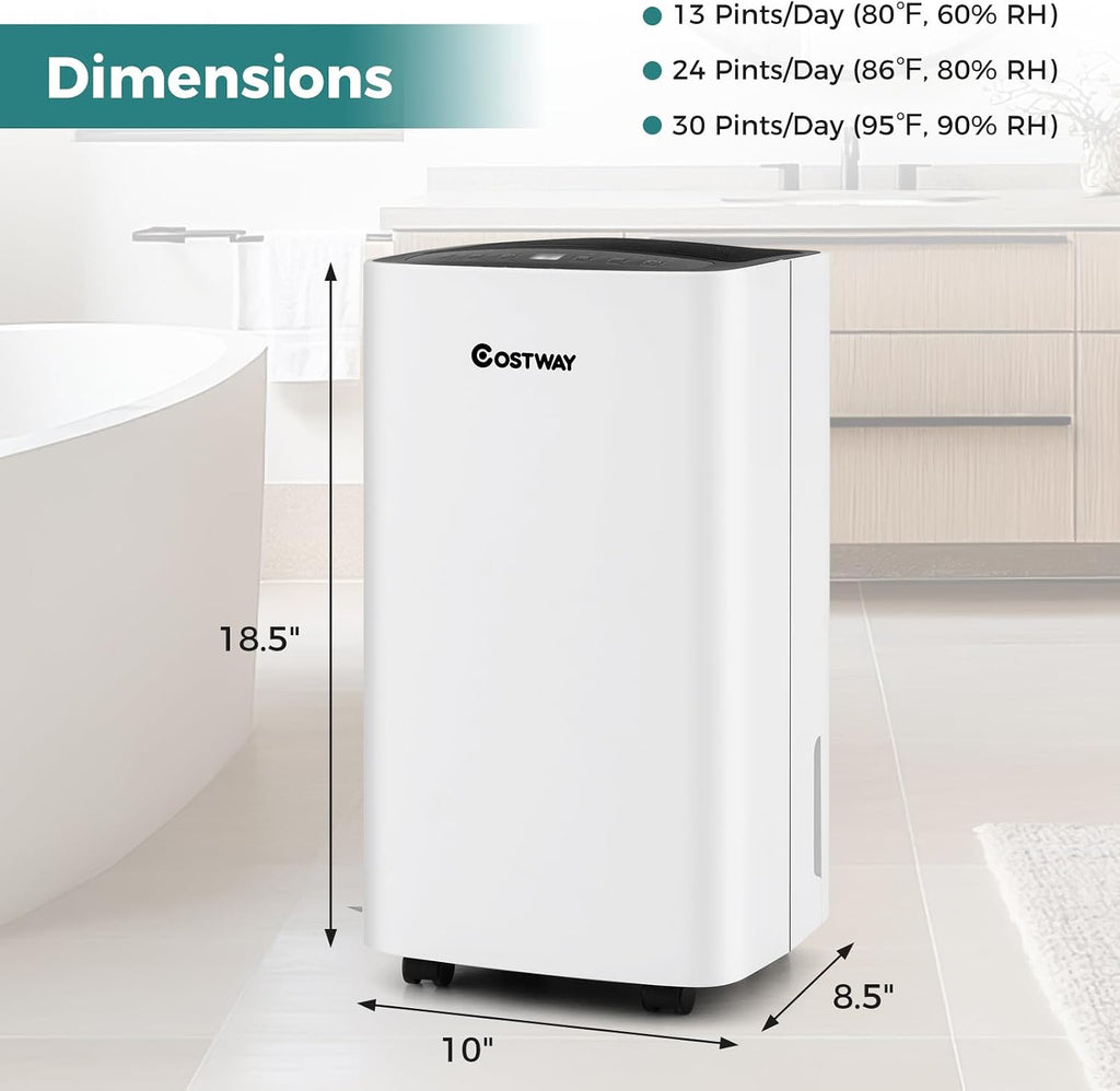 COSTWAY Dehumidifier for Large Room and Basements, Portable 30 Pints Dehumidifier with 3 Modes, 2 Speeds, Low Noise, 24H Timer, Auto or Manual Drainage
